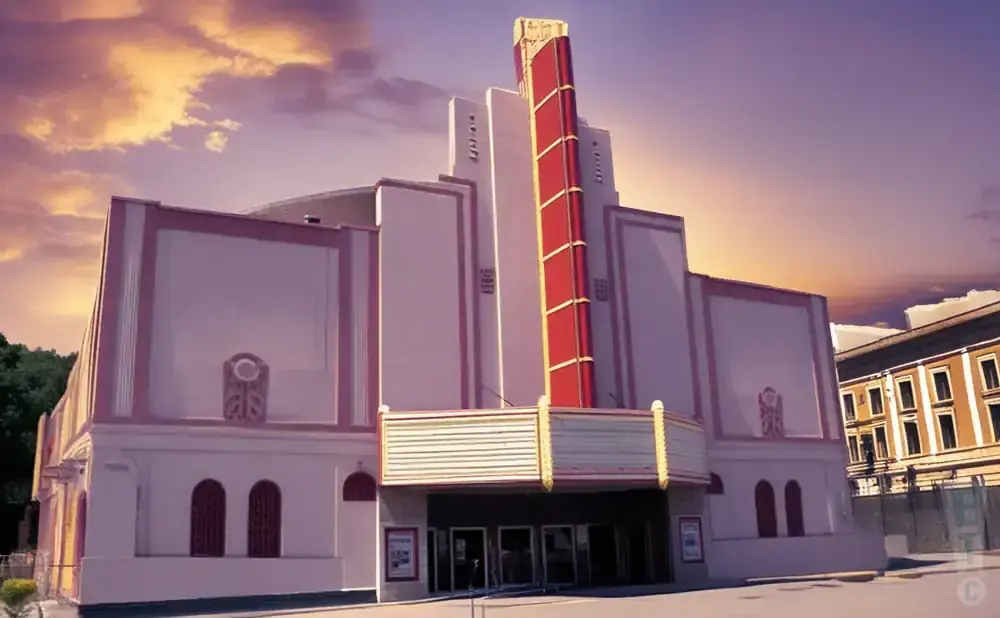 Art deco movie theater with pink and white facade and a tall red marquee against a colorful sunset sky.