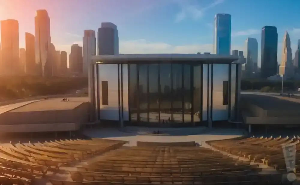 Modern amphitheater with a glass-fronted building and city skyline at sunset.