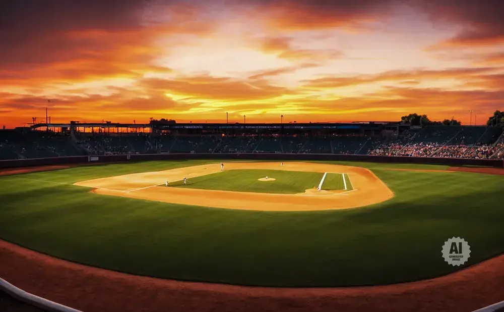 Baseball field at sunset with a vibrant orange sky and stadium seating.