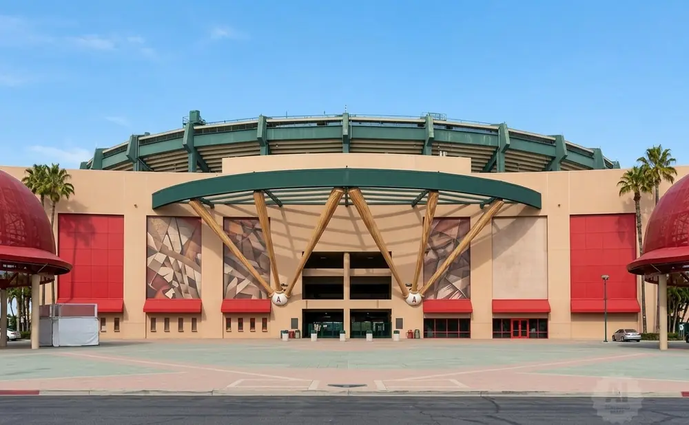Exterior of a baseball stadium with red domes, beige walls, and abstract art.