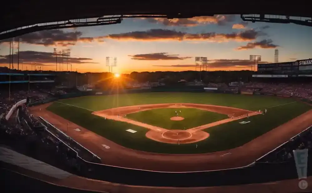 A baseball stadium at sunset, with a golden sun setting behind the outfield and dramatic clouds.