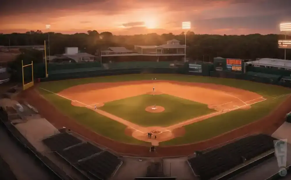 Aerial view of a baseball field at sunset, with players on the field and stadium lights on.