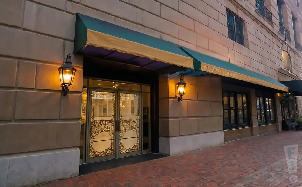 A building facade with an awning, ornate double doors, and a brick sidewalk.