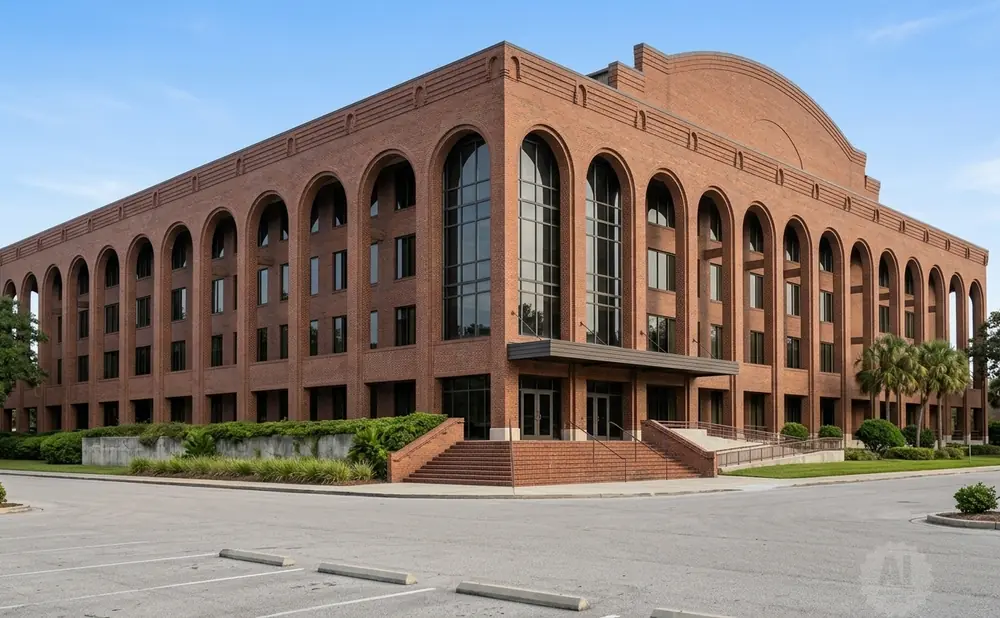 An imposing brick building with arched windows and a grand entrance.