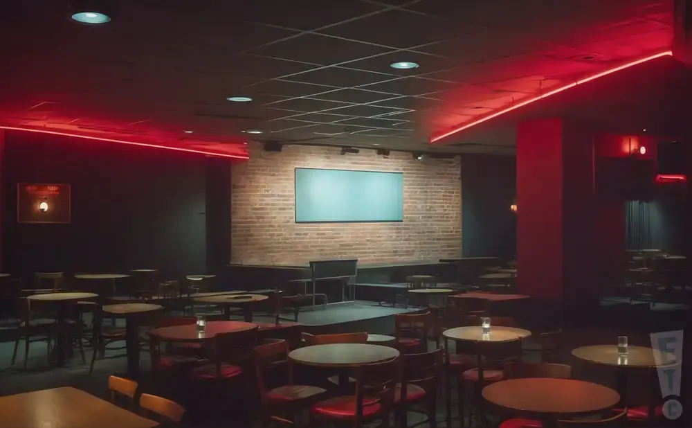 A dimly lit comedy club with red neon lights, brick wall stage, and tables and chairs.