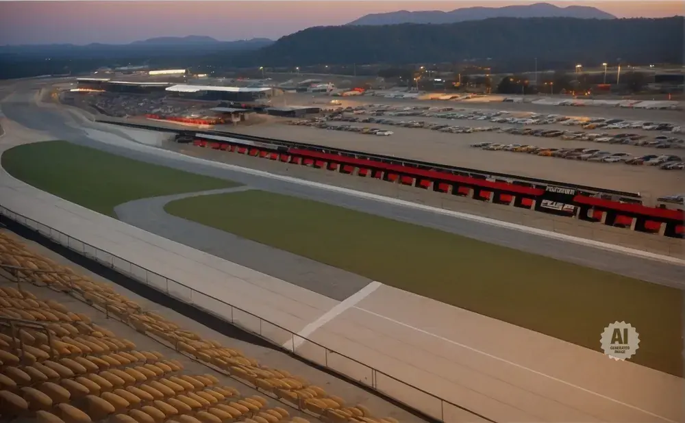 Aerial view of a race track and grandstands at dusk, with a parking lot full of cars in the background.