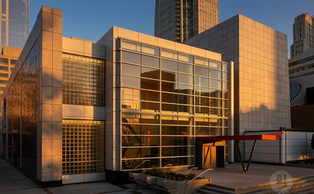 Modern building with glass and stone facade, bathed in golden hour light, reflecting a staircase.