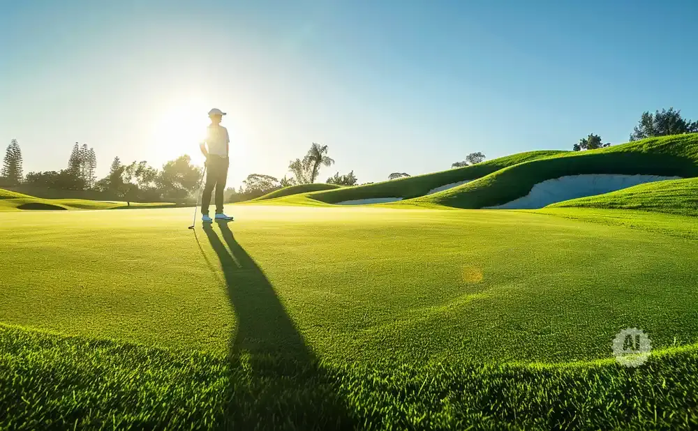 Golfer on a sun-drenched golf course, with manicured greens and sand traps.