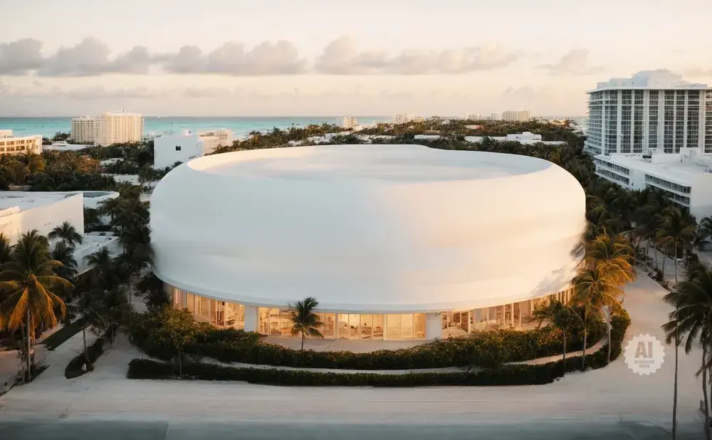 Modern white domed building surrounded by palm trees and ocean view.