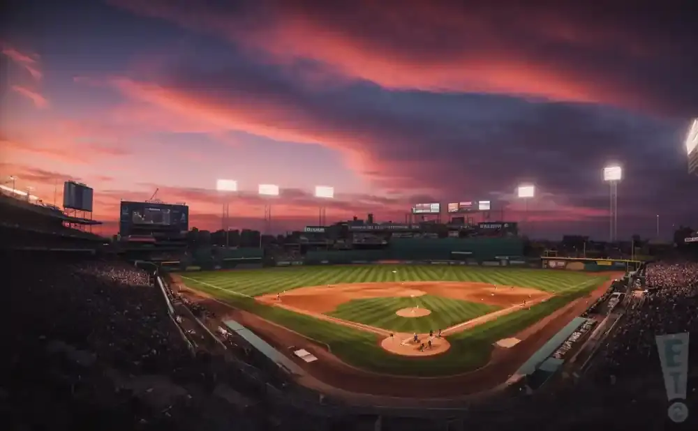 A baseball stadium at sunset with a pink and purple sky.