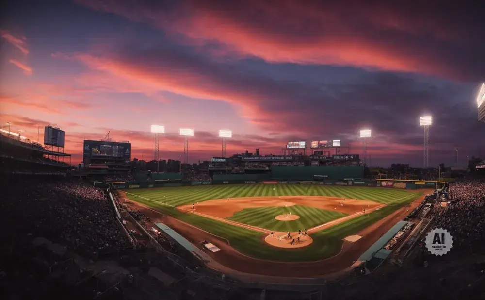 A baseball stadium at sunset, with dramatic pink and purple clouds in the sky.