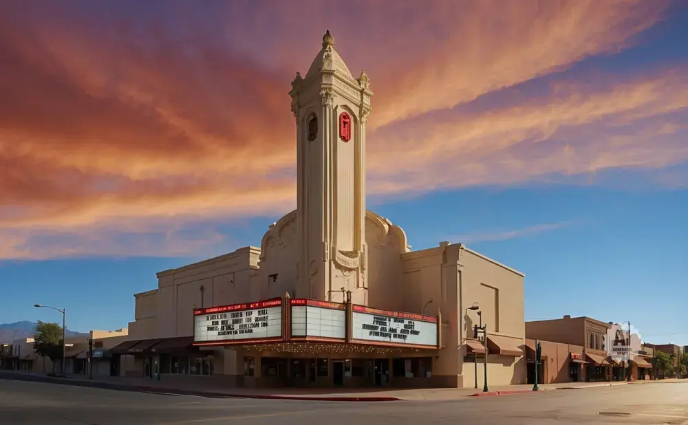 A vintage theater with a marquee stands under a dramatic sunset sky with orange and pink clouds.