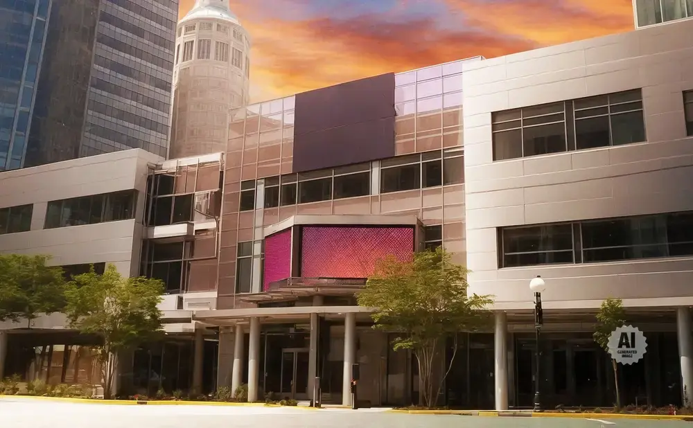 Modern office building with glass facade and large digital display, set against a colorful sky.