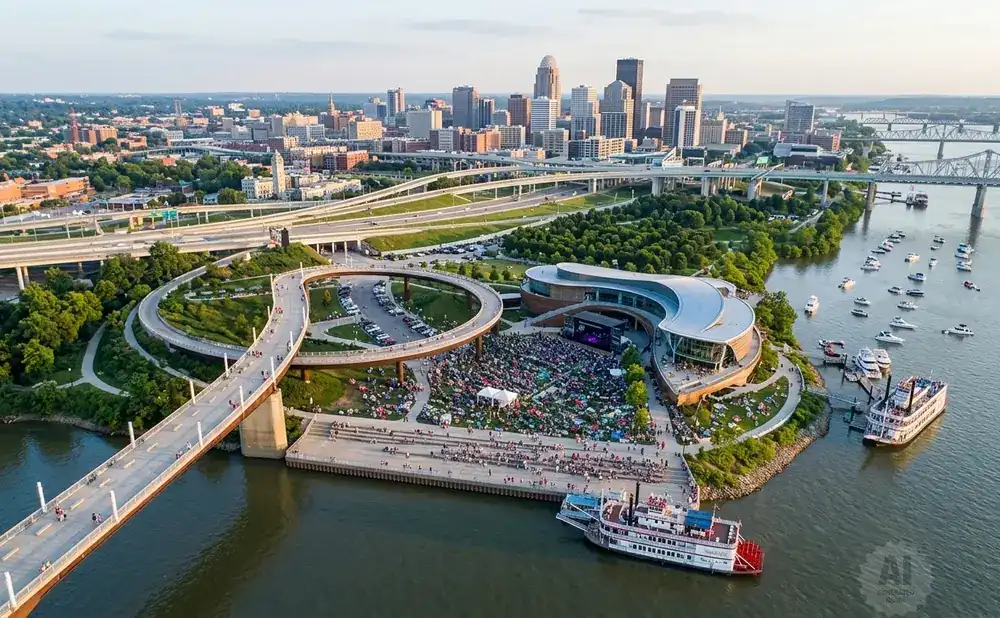 Aerial view of Waterfront Park in Louisville, Kentucky with a concert, boats on the Ohio River, and a city skyline.