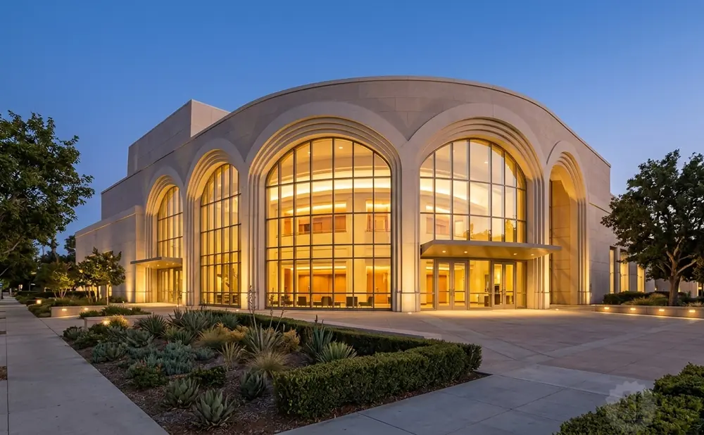 Modern beige building with large arched windows and warm interior lighting at dusk.