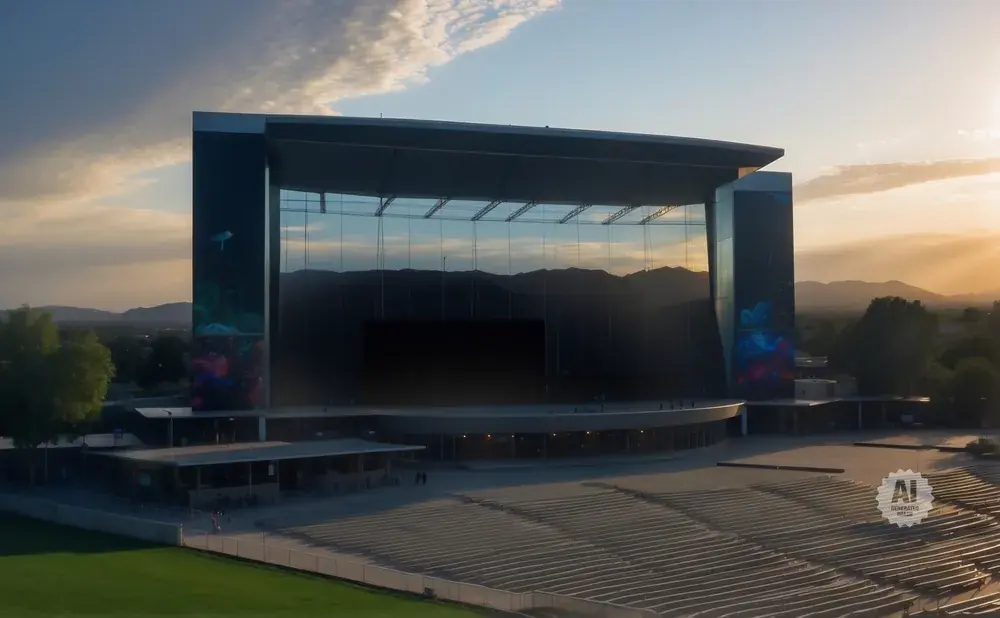 An outdoor amphitheater with a large stage under a sunset sky.