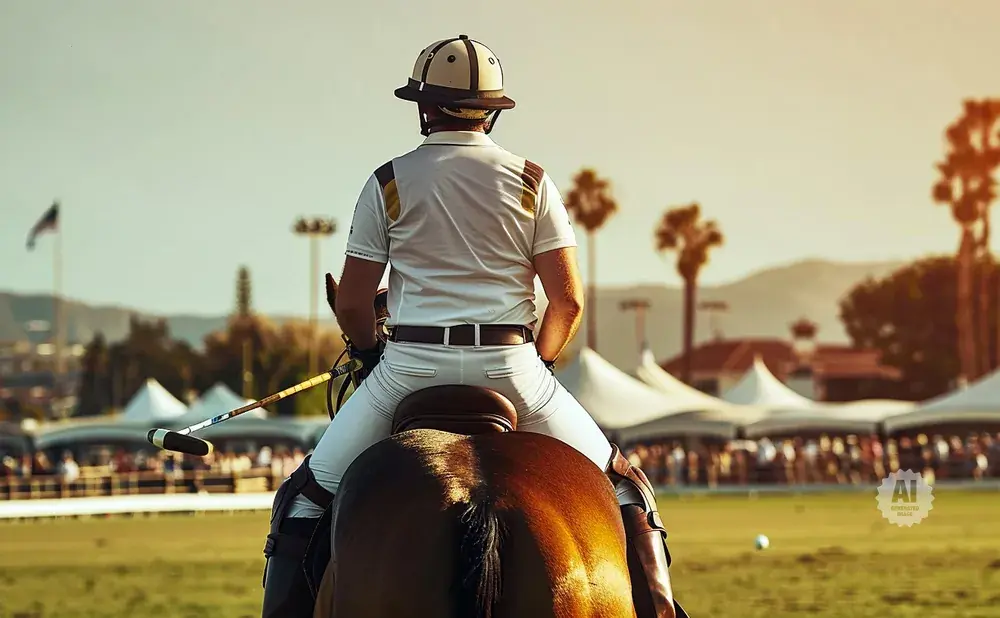 A polo player in white riding gear sits on a brown horse, holding a mallet, with tents and palm trees in the background.