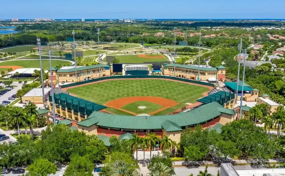 Aerial view of a baseball stadium surrounded by trees and a distant cityscape.