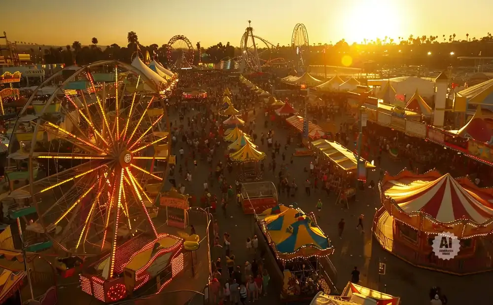 Aerial view of a bustling carnival at sunset, with illuminated Ferris wheels, rides, and crowds of people.