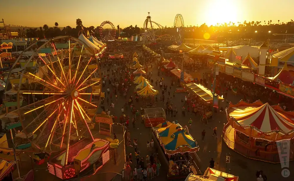 Aerial view of a bustling carnival at sunset, with Ferris wheels, rides, and crowds of people.