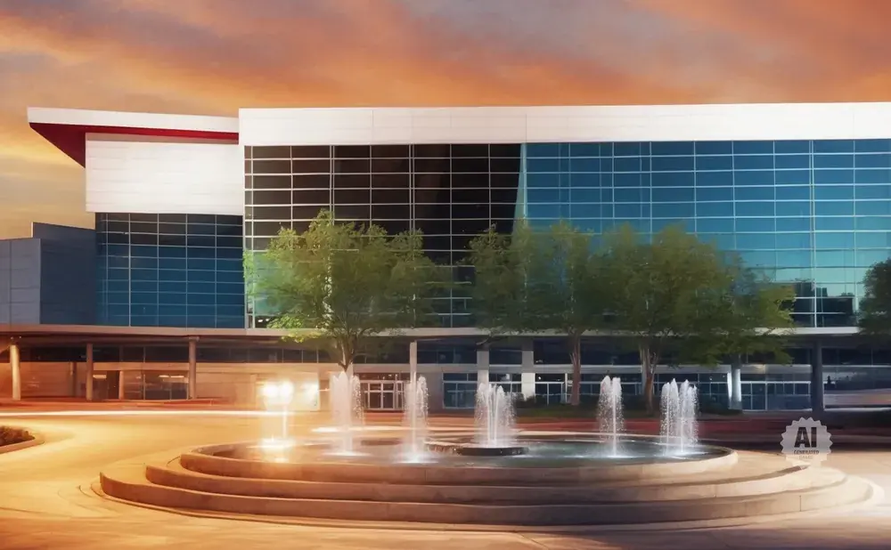 Modern building with blue glass windows and a tiered fountain in front.