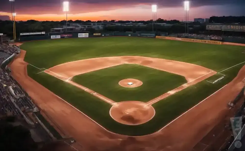 Aerial view of a baseball stadium at sunset with the field lights on.