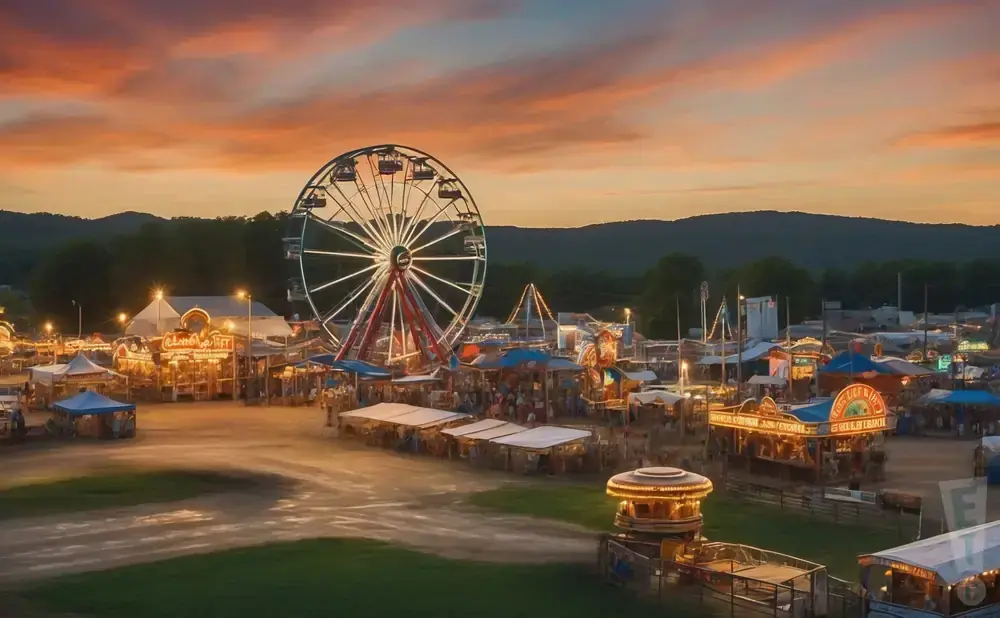 A brightly lit Ferris wheel and carnival rides at a fair at sunset.