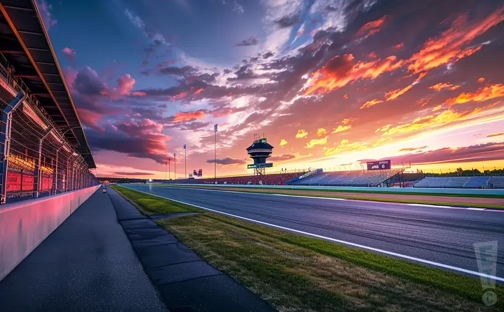 A racetrack at sunset with vibrant orange and pink clouds.