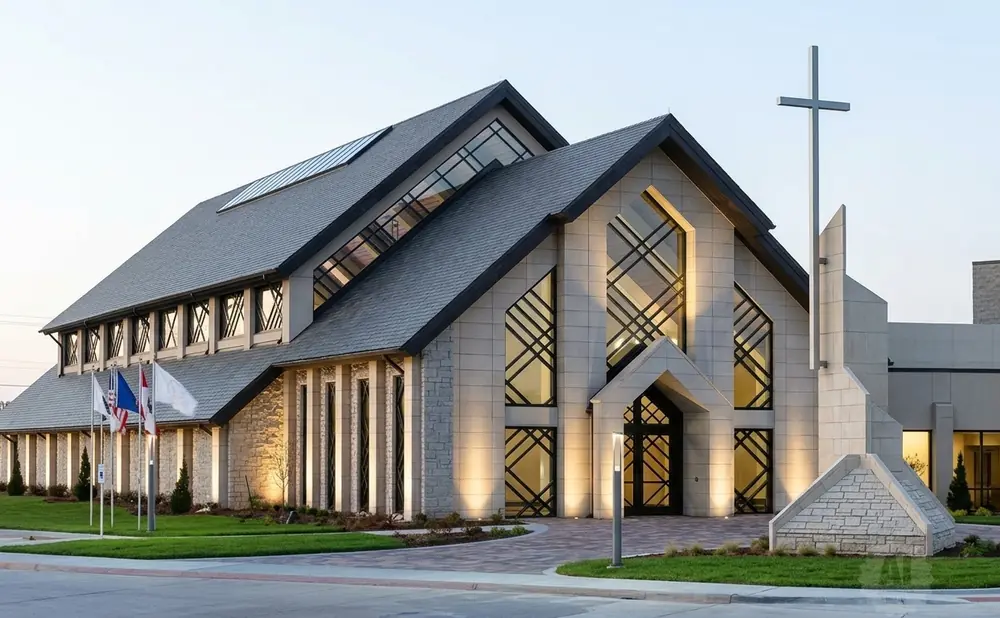 A modern church with large geometric windows and a prominent cross against a clear sky.