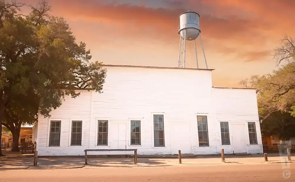White wooden building with windows and a water tower under a sunset sky.