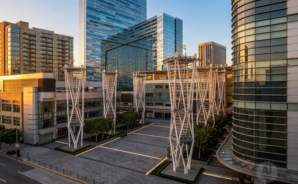 Modern city square with buildings and unique white metal sculptures.