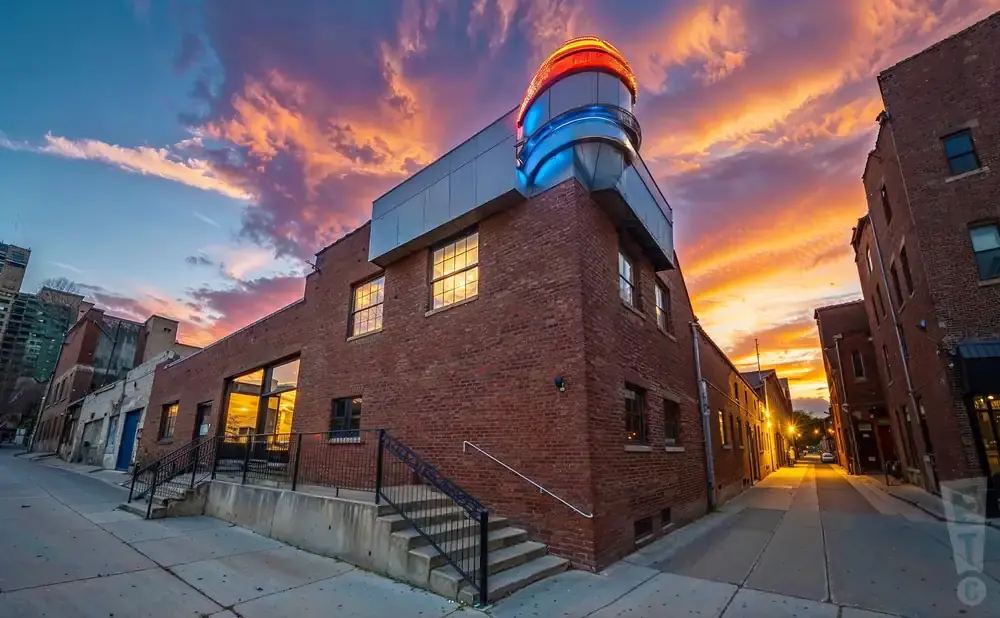 A brick building with a neon-lit cylindrical tower at sunset.