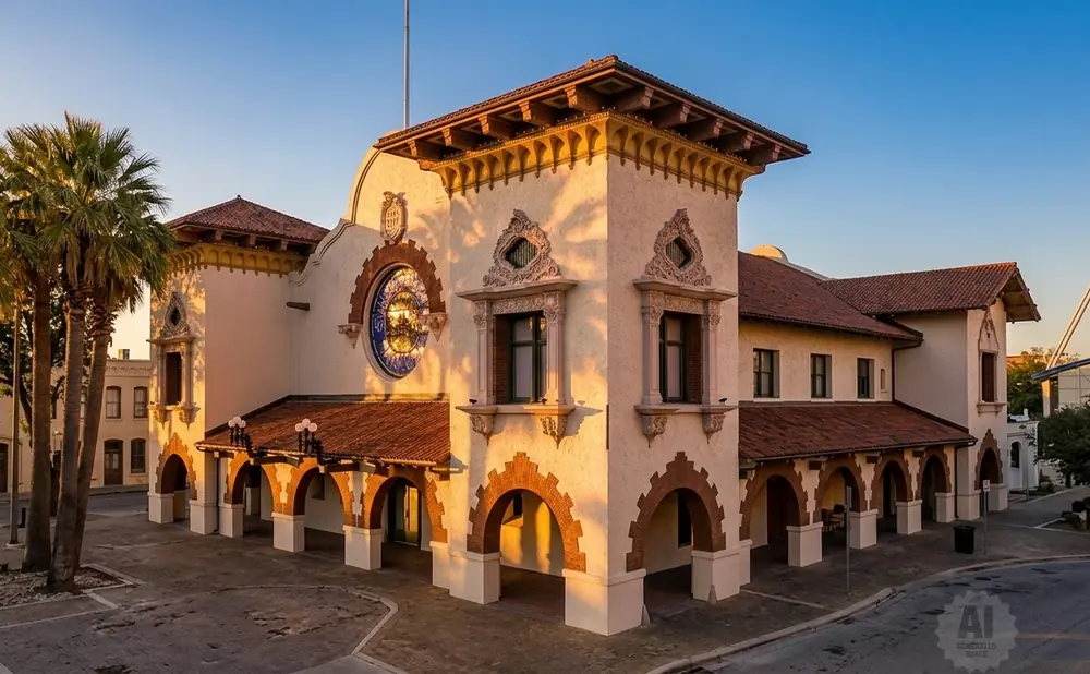 Spanish Mission-style building with arched walkways, tile roofs, and a circular stained-glass window, bathed in golden sunlight.