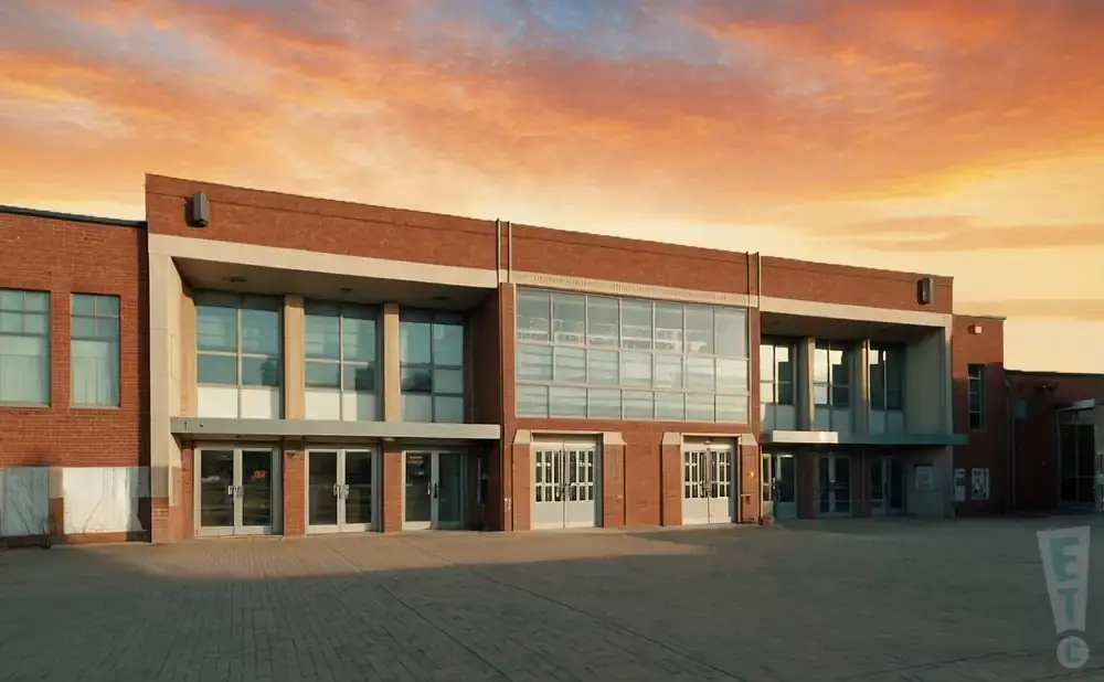 A modern brick building with large windows and glass doors under a dramatic sunset sky.