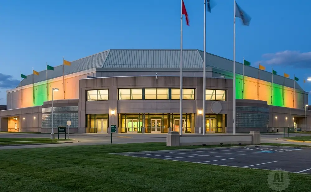 Large modern arena lit with colorful lights and flags flying high, at dusk.
