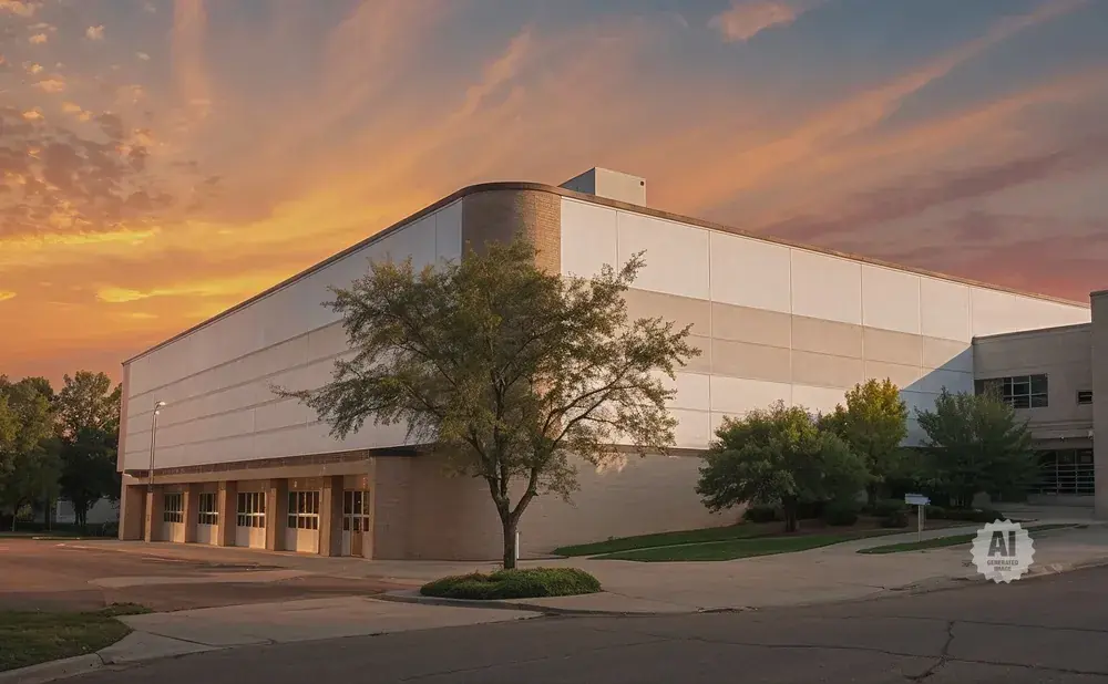 A large, modern building with a curved corner is set against a dramatic sunset sky with orange and pink clouds.
