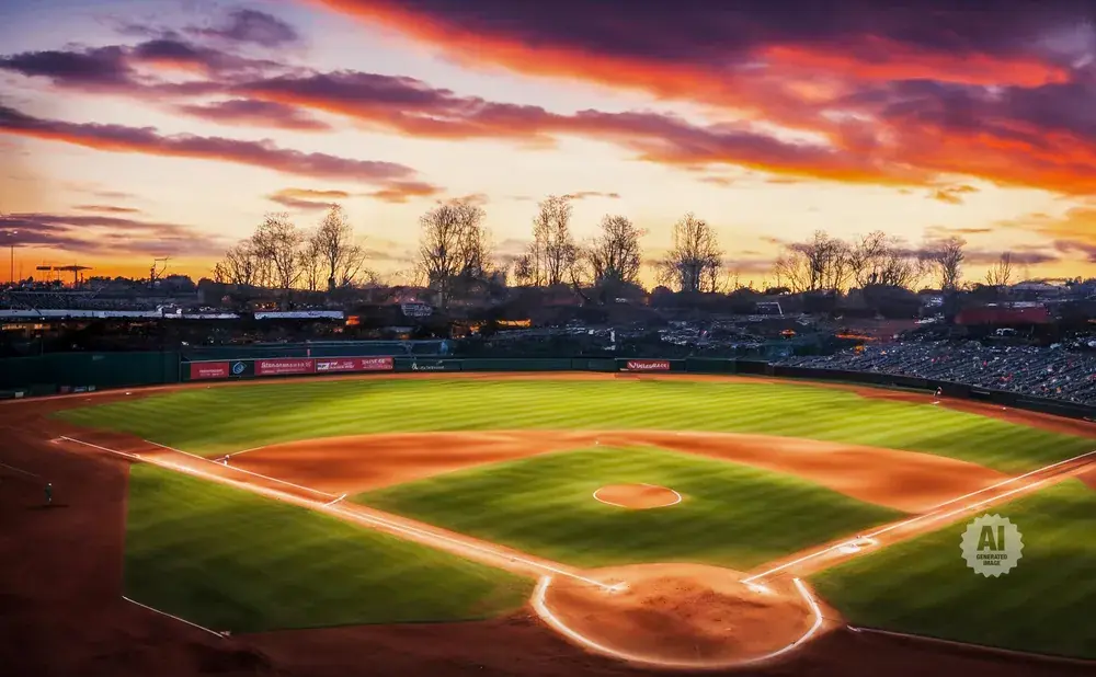A baseball field at sunset with a dramatic orange and purple sky.