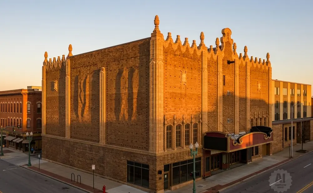 Art deco theater with ornate facade at sunset.