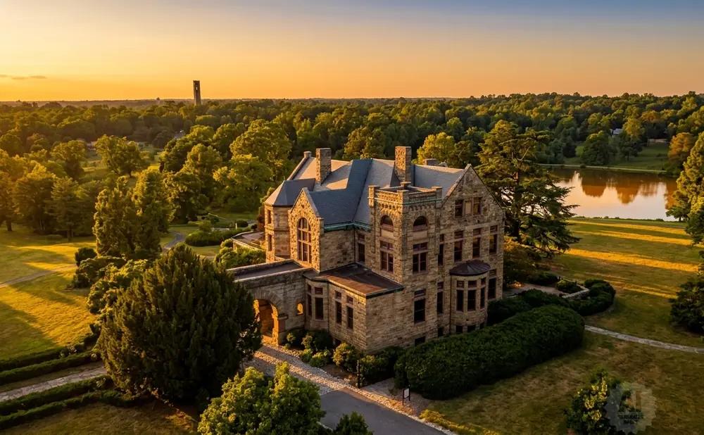 Stone mansion at sunset with a lake and trees.