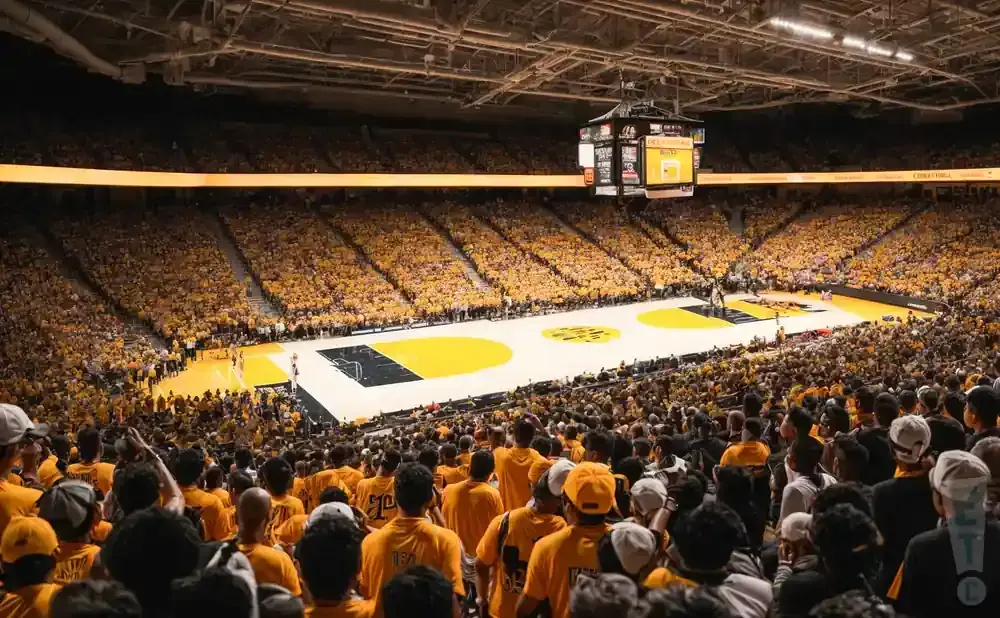 A crowded basketball arena with fans wearing yellow.