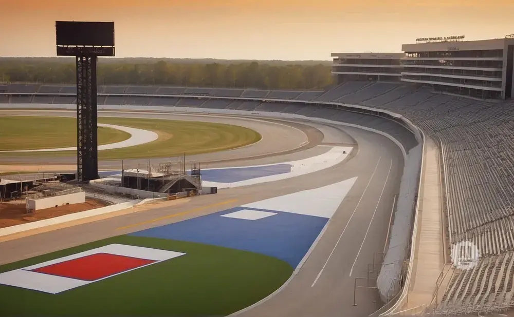 A race track with grandstands and a large billboard at sunset.