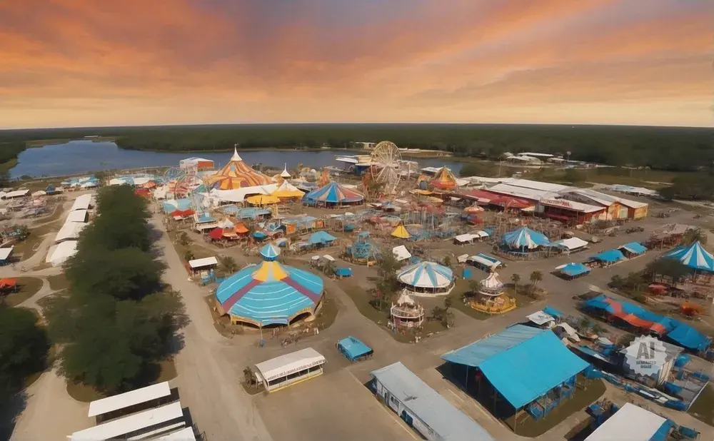 An aerial view of a lively amusement park with rides, tents, and a Ferris wheel under a colorful sunset sky.
