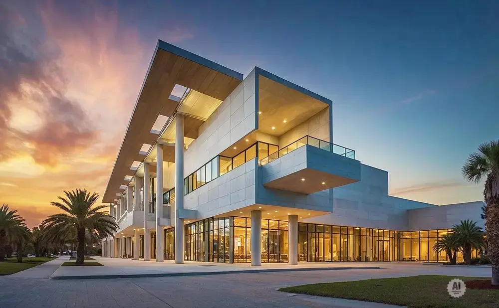 Modern concrete building with large glass windows and palm trees at sunset.