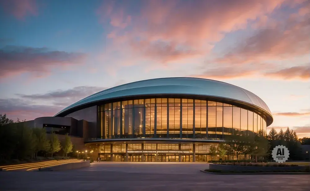 Modern convention center with curved glass facade at sunset.