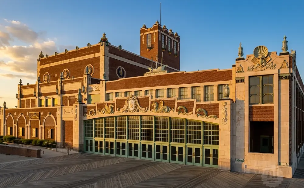 Art Deco building with large windows and ornate details on a boardwalk at sunset.