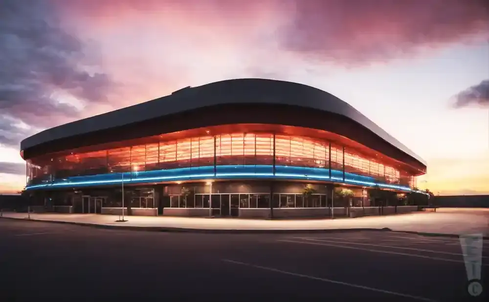 Modern curved building with glass windows lit up with orange and blue lights at sunset.
