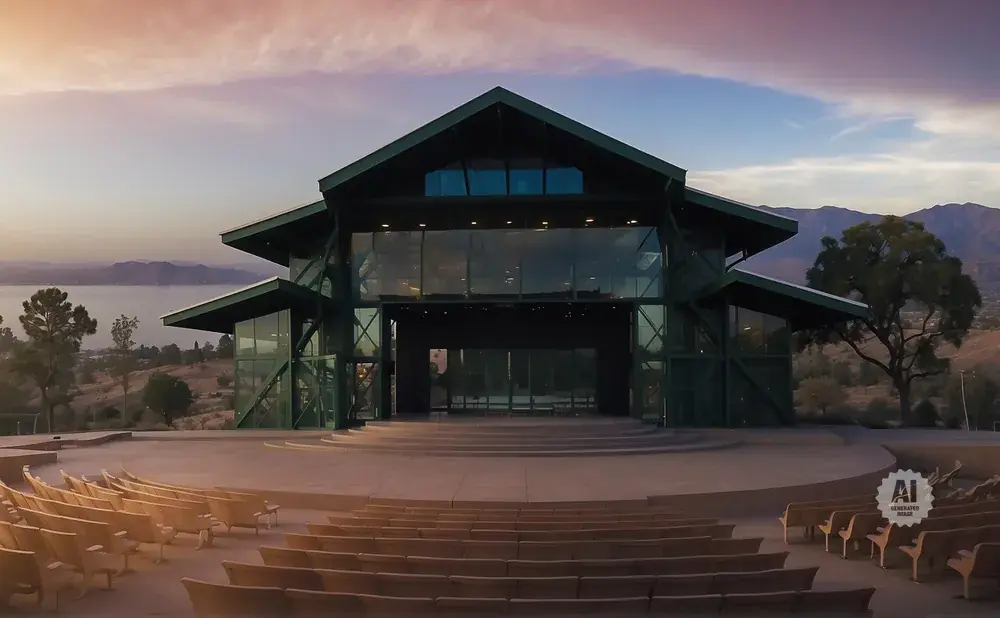 Modern amphitheater with a glass-fronted building and mountain/lake view.