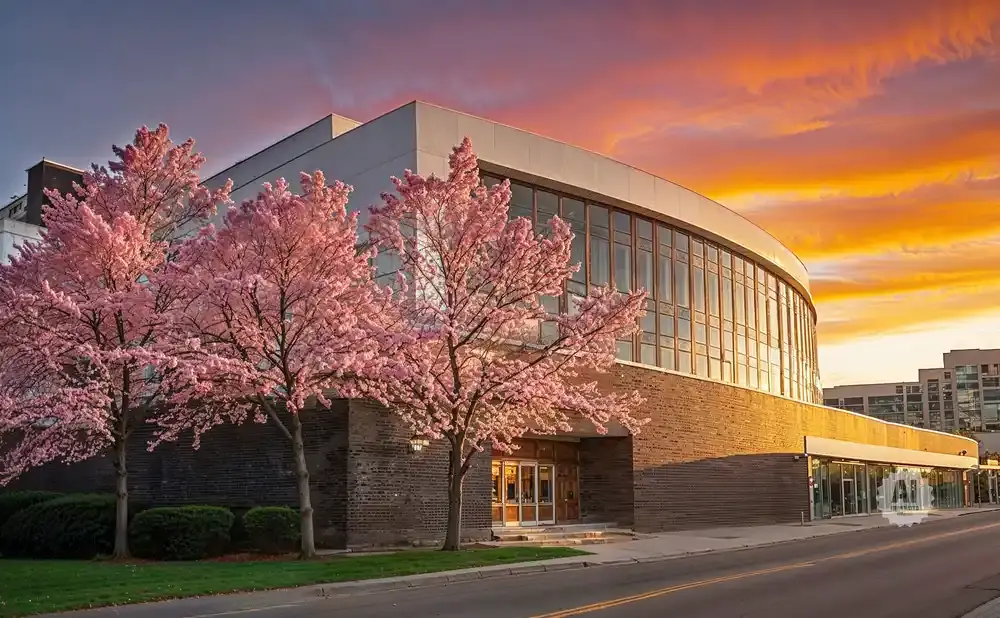 A modern building with a curved glass facade, framed by blooming pink cherry trees at sunset.