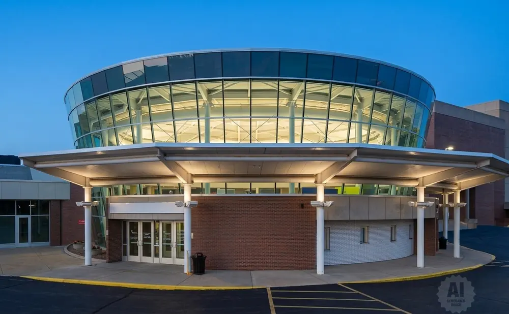 Modern circular glass building with a canopy entrance at dusk.