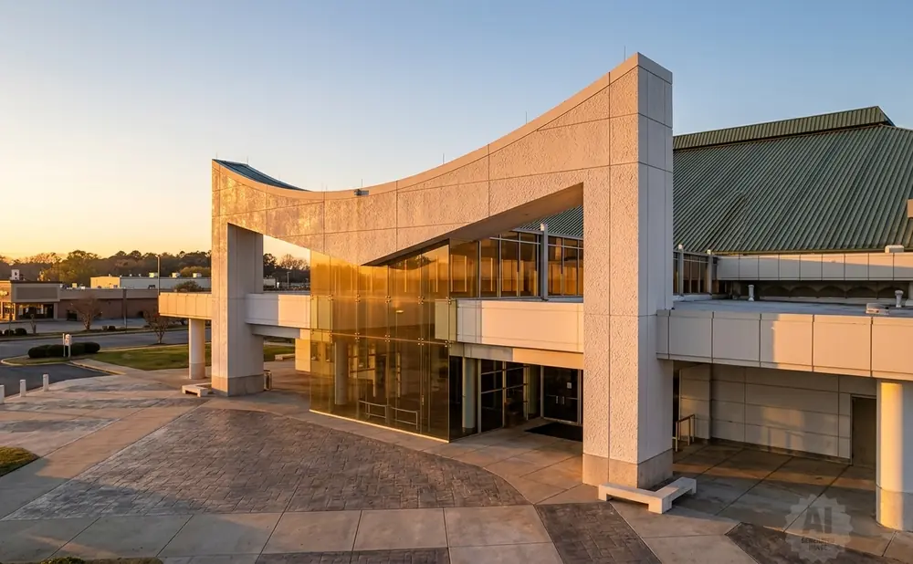 Modern building with curved architectural elements and golden glass facade, bathed in warm sunset light.